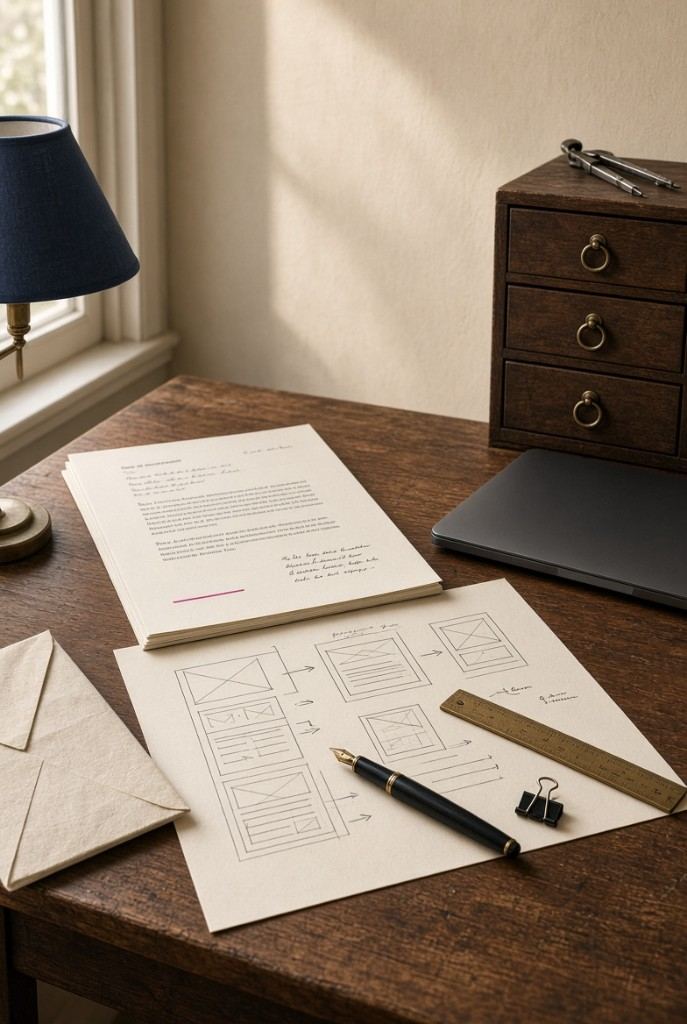 A workbench with website wireframes, a fountain pen, and a laptop